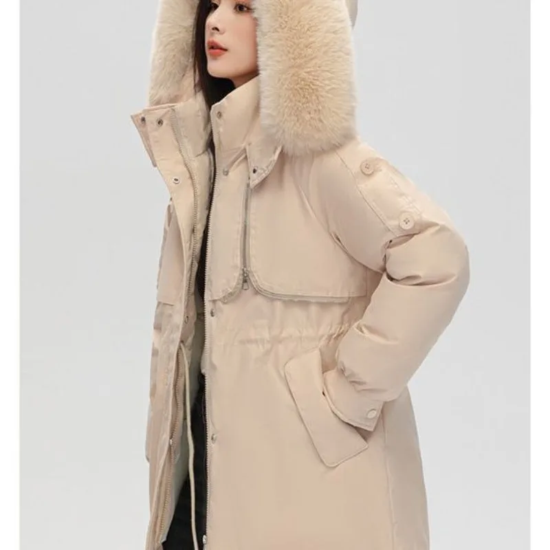 New Women's Down Cotton Coat, Long Winter Cold Warm Padded Jackets, Female Korean Loose Hooded Fur Collar Parker Cotton Clothes