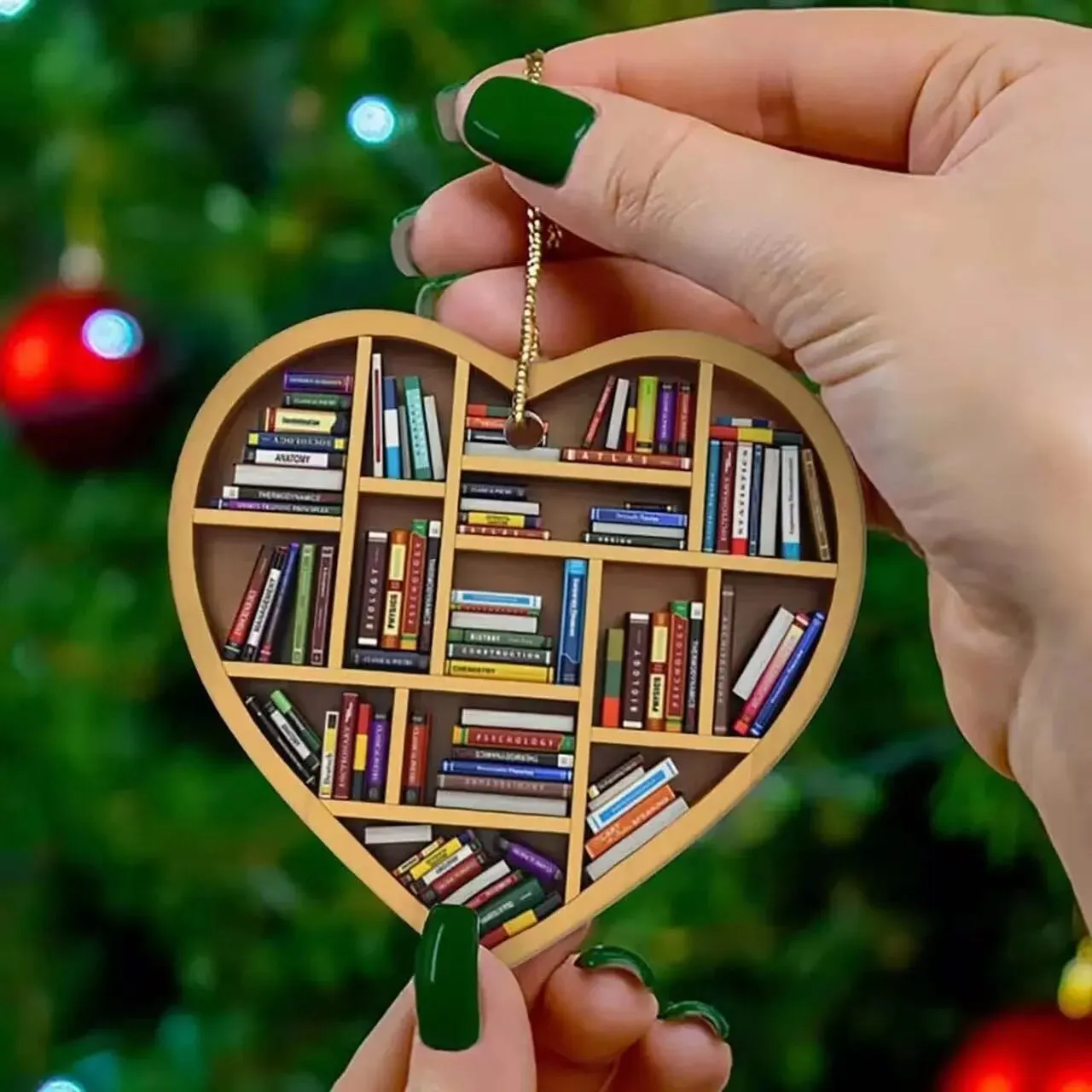 Christmas Tree Decorations 2023 Book Lovers Heart Shaped Bookshelf Pendant Wood Ornament