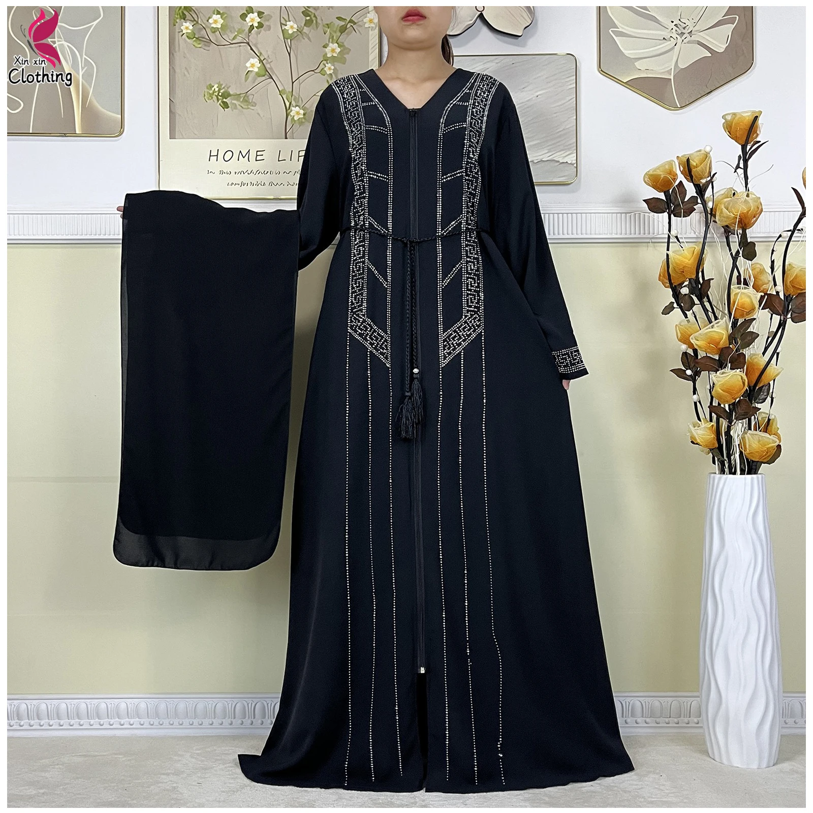 New Style Dubai Women Elegant Dress Soft Chiffon Open Long Sleeves African Abaya Muslim Women Dress Islamic Clothing Women Robe