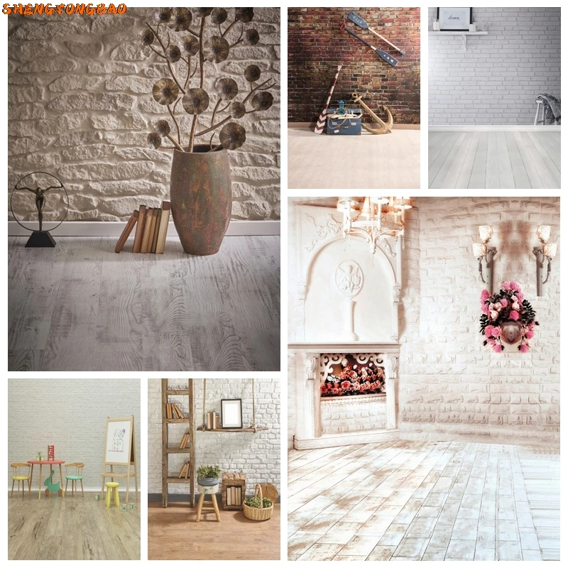 Белый кирпичная стена деревянный пол фон для фотосъемки детский питомец торт Smash портрет фотосессия фото фон