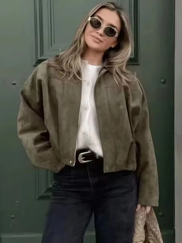 

Woman New Fashion Suede Fabric Women Bomber Jackets 2025 Causal Long Sleeve Zipper Loose Coats Cropped Jacket Outwear