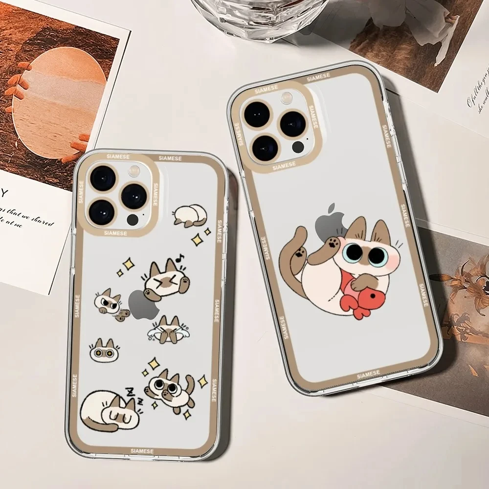 Kawaii Siamese Cat Phone Case For iPhone 11 12 Mini 13 14 15 Pro Max Transparent Shell