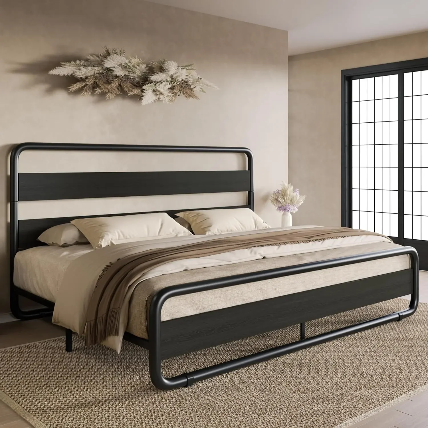 King Size Metal Bed Frame with Wooden Headboard and Footboard, Heavy Duty Platform Bed Frame with 10