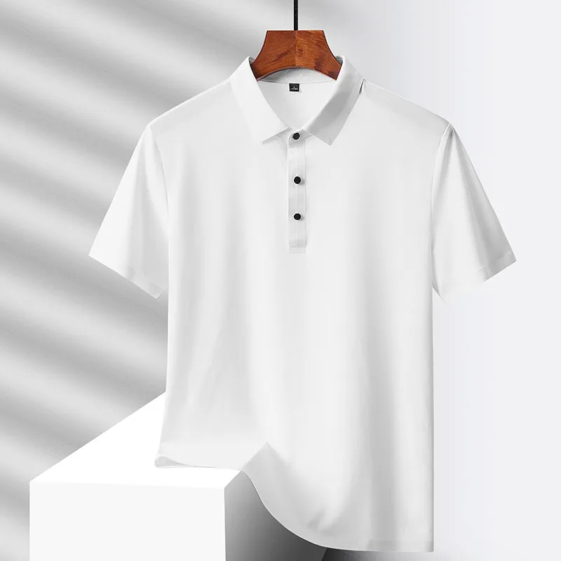 Polo suelto de seda de hielo de secado rápido para hombres de mediana edad, botón de solapa sólido, Top de manga corta Delgado informal Simple y