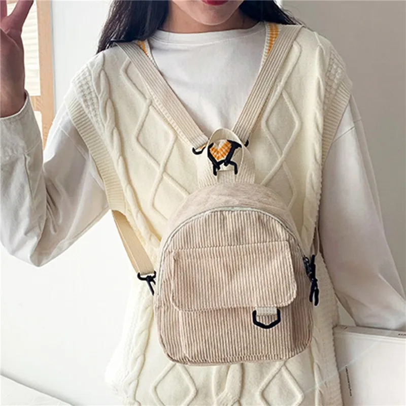 Women Mini Backpack Solid Color Corduroy Small Backpacks Simple Casual Student Bookbags Traveling Backpacks