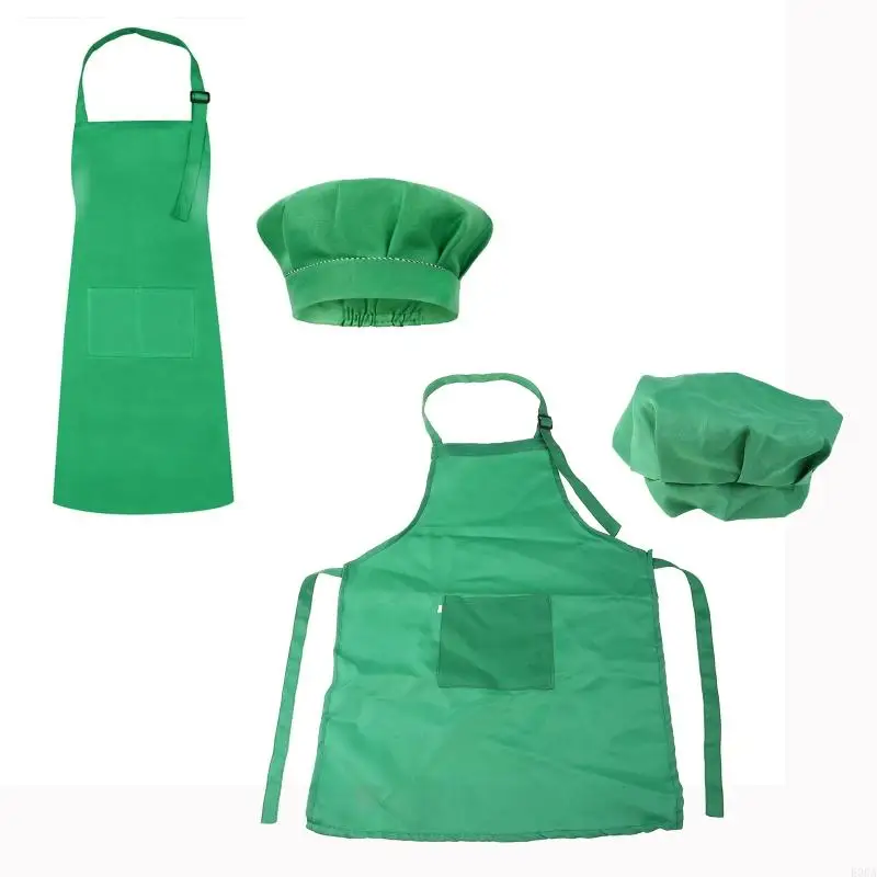 E06A Kids Boys Girls Solid Color Chef Outfits Chef Mushroom Hat Apron Bib Set Children Baker Uniform Costume Accessories