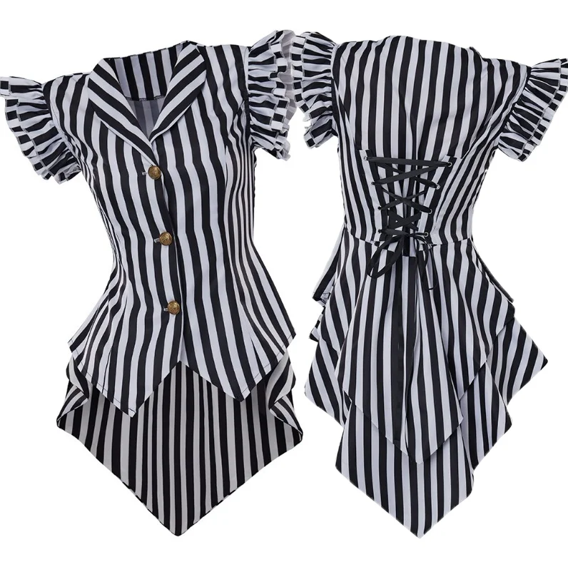 

Halloween Costume Women Gothic Steampunk Coat Striped Lapel Collar Jacket Victorian Punk V Neck Flying Sleeve Jacket Tops Daily