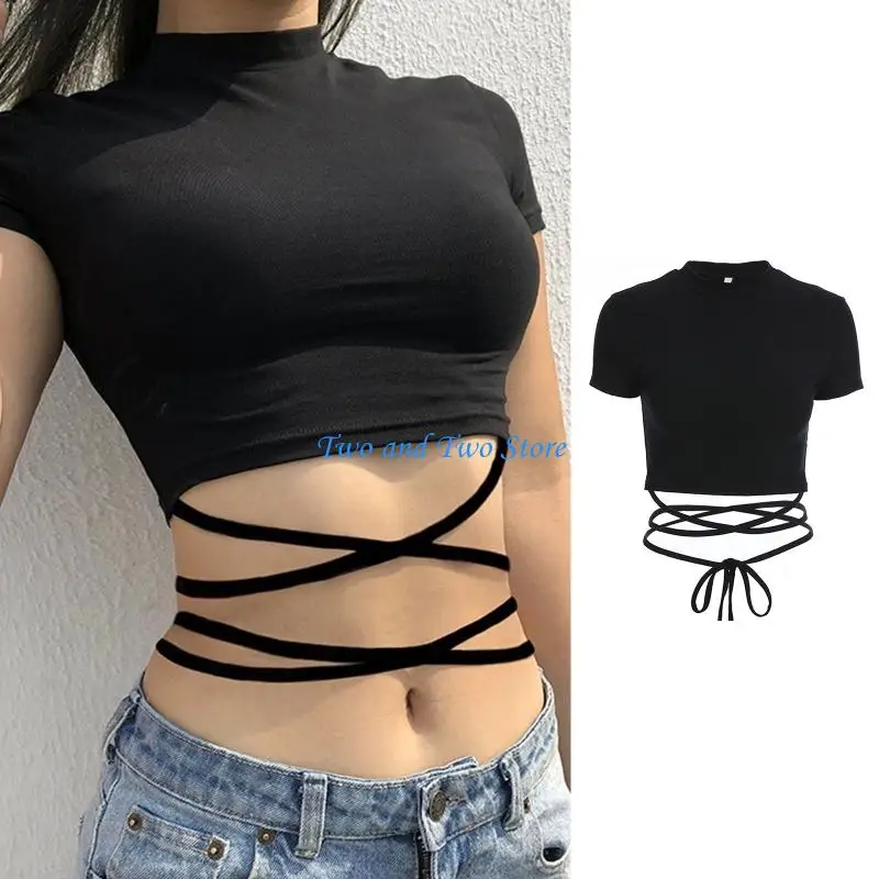 HX6F Women Short Sleeve Mock Neck T-Shirt Harajuku for Cross Bandage Bodycon Crop Top