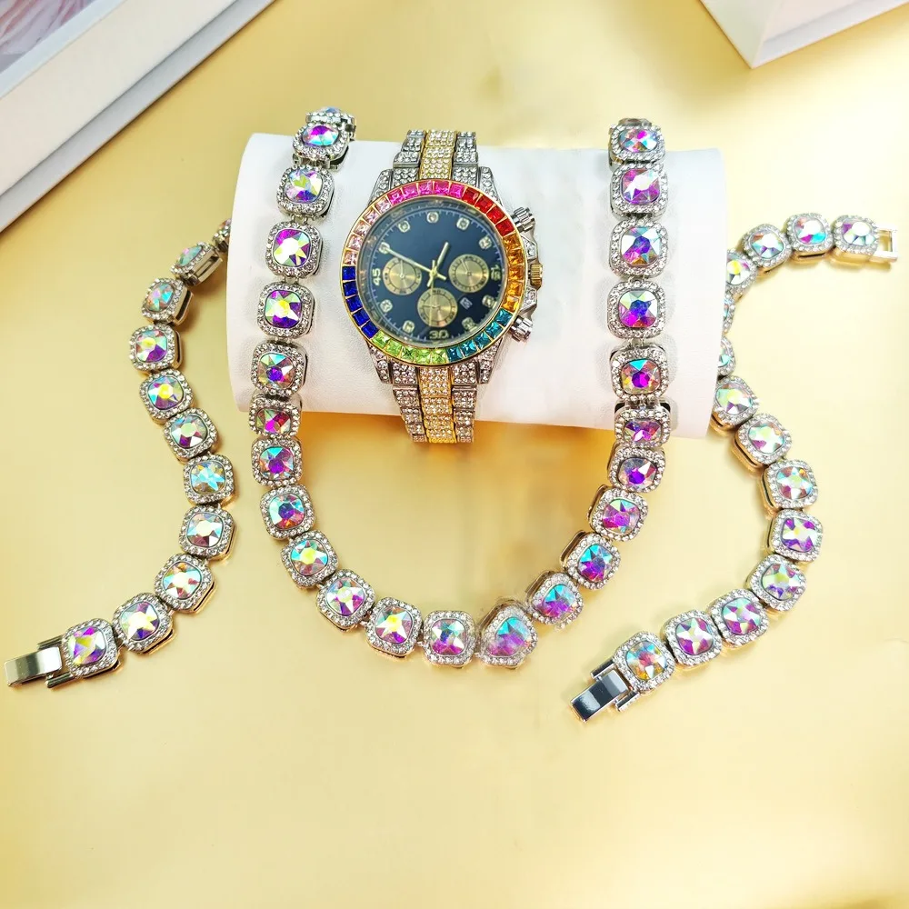 

Мужские часы в стиле хип-хоп, наручные часы с бриллиантами, кубинская цепочка, ожерелье, браслет Ice Out, мужские кварцевые часы, комплекты ювелирных изделий для него, Reloj