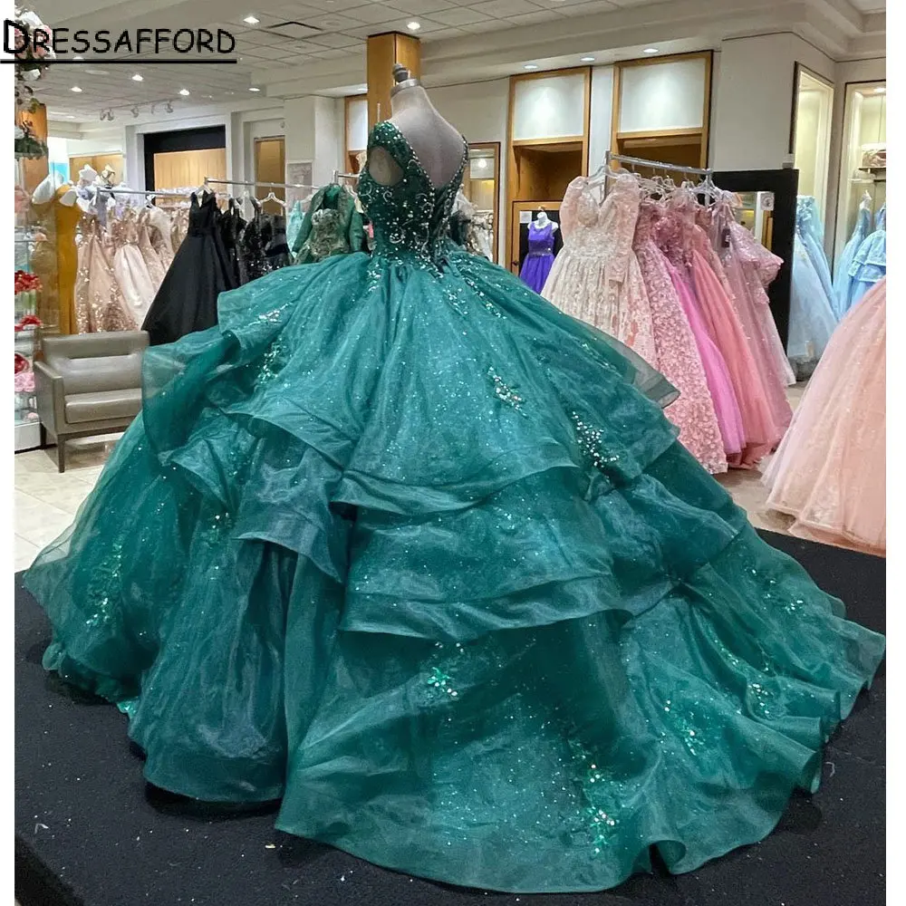 Emerald Green Handmade Crystal Beading Quinceanera Dress Ball Gown Off The Shoulder Ruffles Sweet 15 Vestidos De XV Años