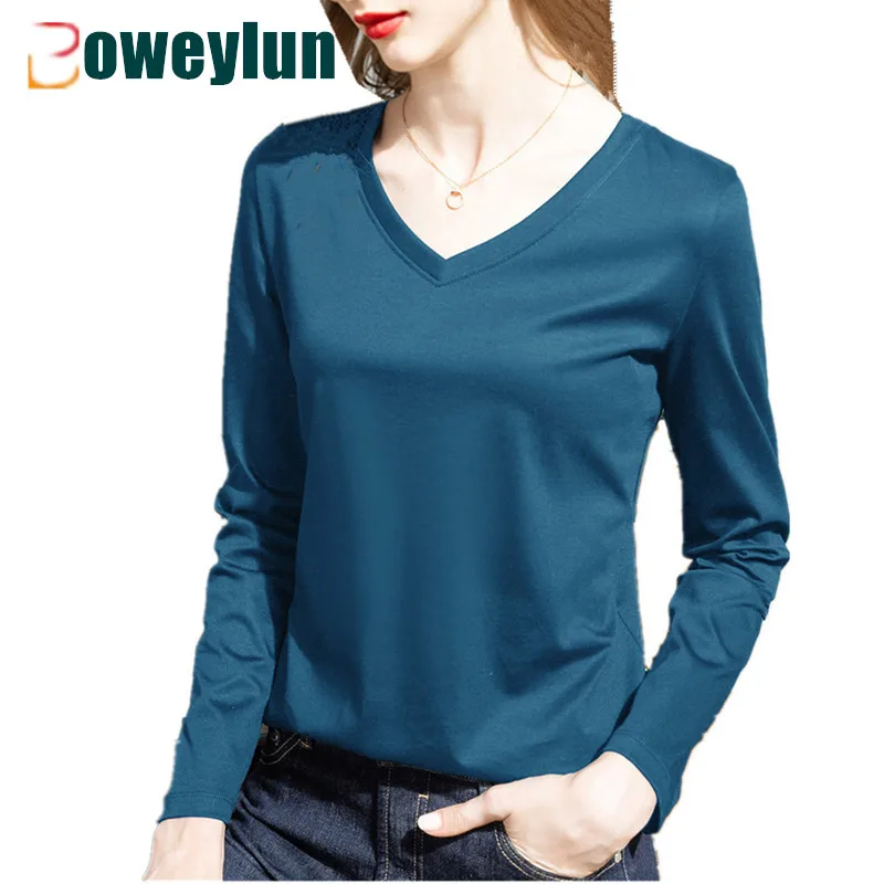 

Boweylun New Women Double-sided Mercerized Cotton Long-sleeved T-shirt Spring Skin-friendly Breathable Solid V-Neck Slim Top