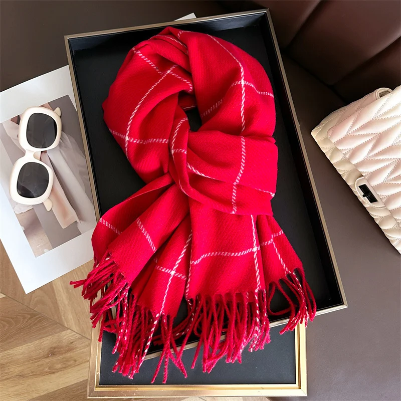 Korean Styles Imitation Cashmere Plaid Warm Shawl Autumn and Winter Fashion Versatile Tassel Scarf Pashmina Wrap Neckerchief