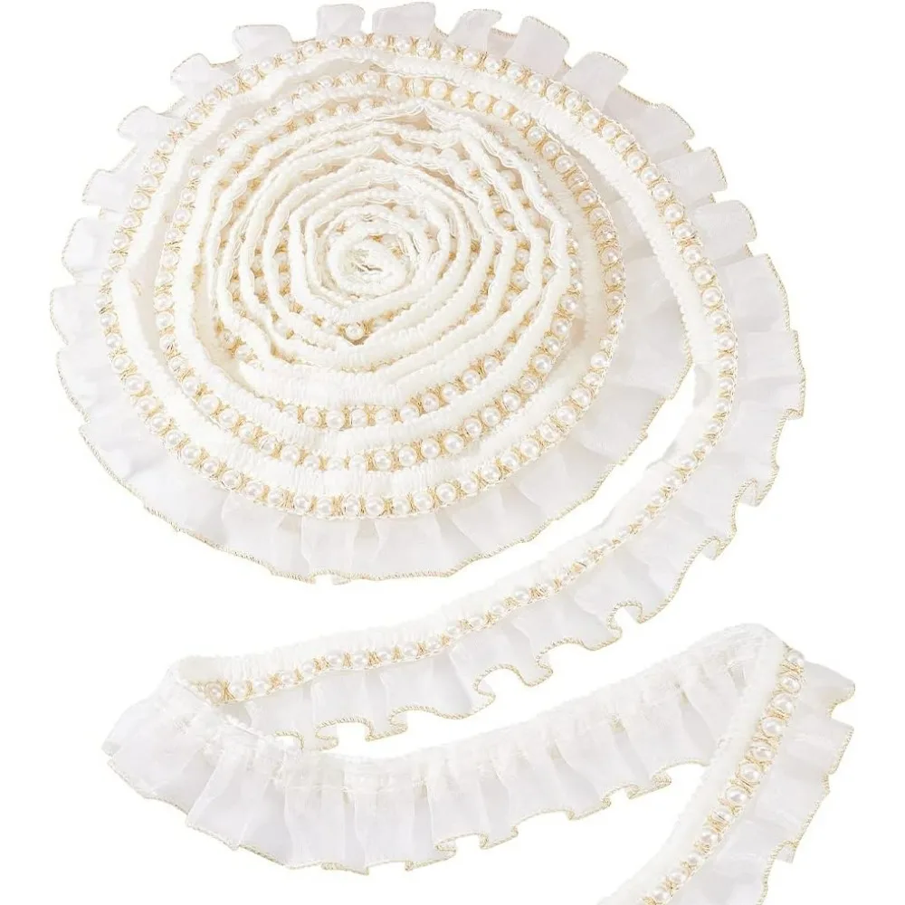 4 Yards Ruffle Trim Ribbon 1.50 inch Wide White Pearl Lace Trim with Gold Edge Organza Ruffles Lace Ribbon Pleated Tulle