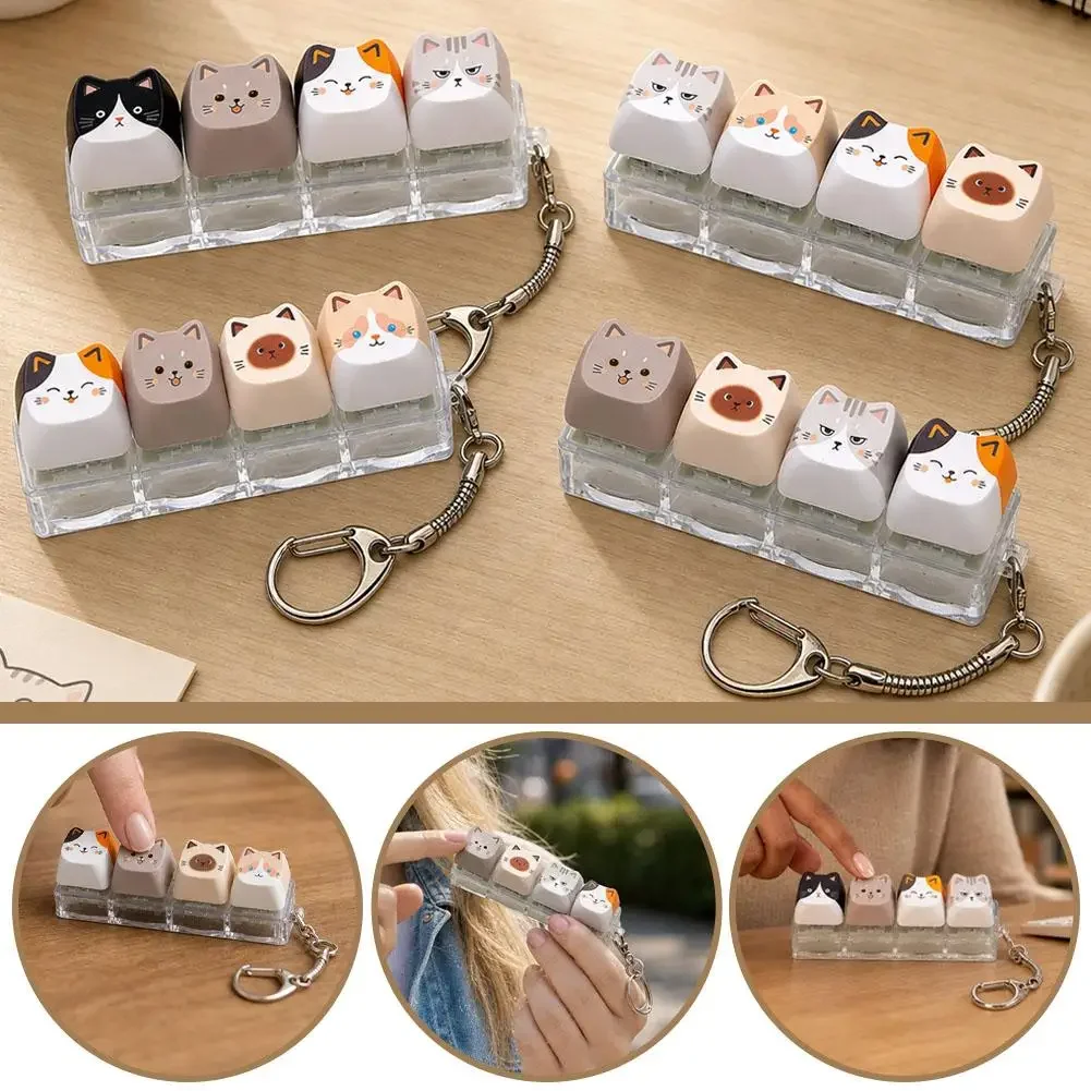 Cute Cat 4-Key Keyboard Fidget Toy, Crisp Sound Relax Button Keycap, Portable Stress Relief Fidget Clicker Keychain Gift