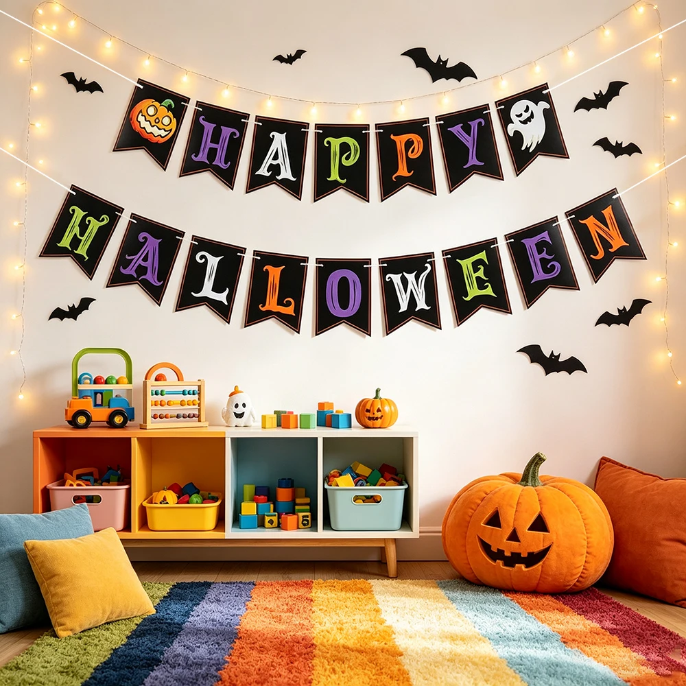 Bunte Happy-Halloween-Wimpelkette mit Kürbis- und Geister-Ausschnitten für Zuhause, Bar, Halloween-Party, Tür- und Wanddekoration