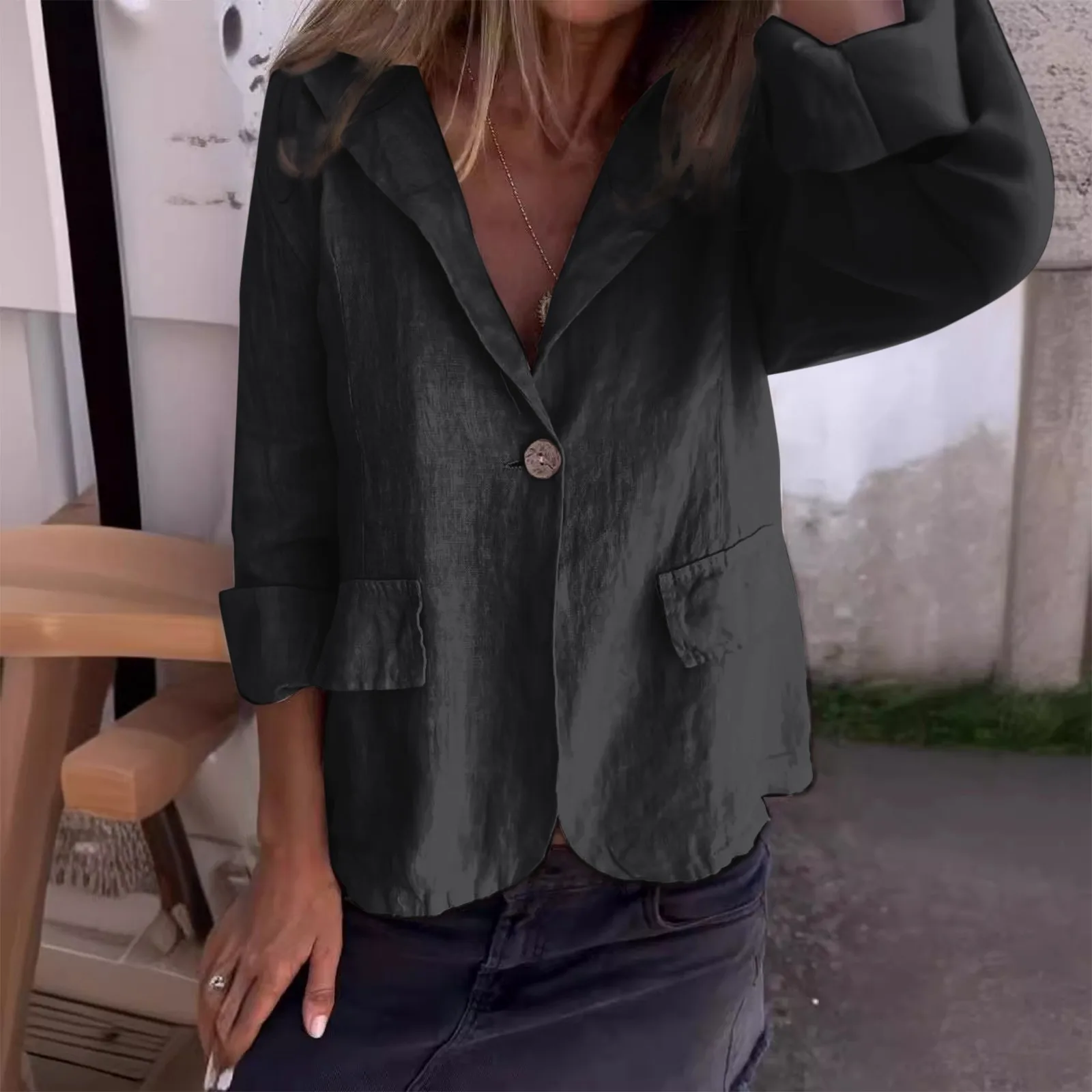 

New Women's Cardigan Ladies Literary Loose Solid Colour V-Neck Button Pocket Suit Collar Cotton Linen Ladies Suit Jacket