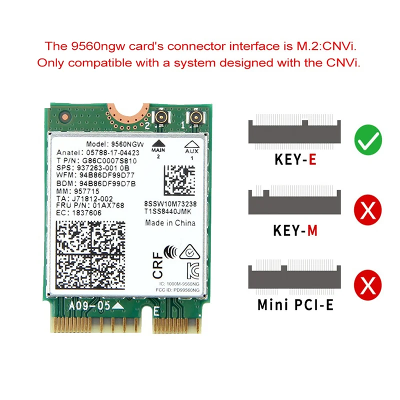 Cartão sem fio WiFi e adaptador de antena, Dual Band, 2.4G, 5G, BT 5.0, 802.11Ac, M.2 CNVI, 9560NGW, 1730Mbps, AC 9560NGW