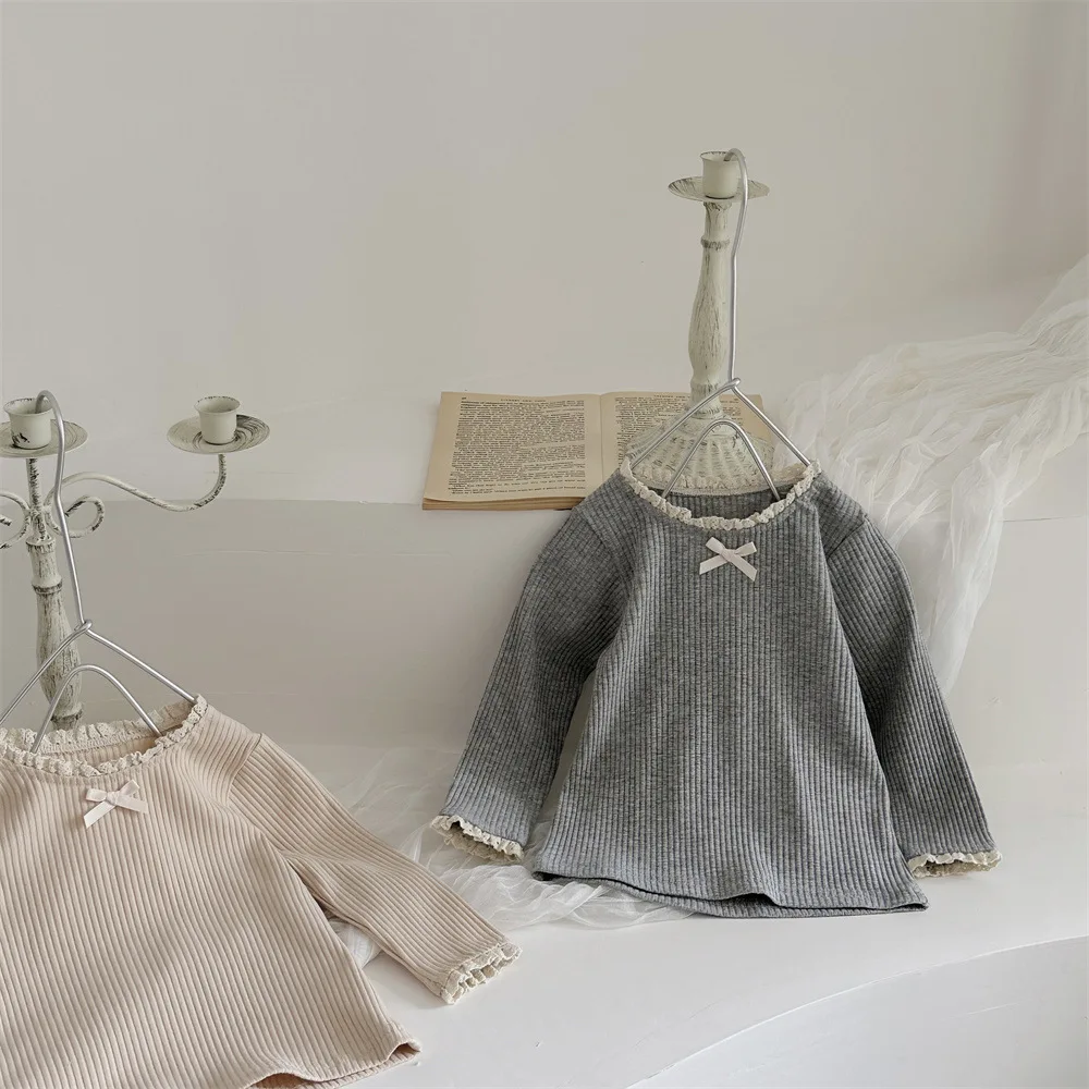 

2024 Autumn New Baby Girl Long Sleeve T Shirts Infant Girl Sweet Bow Collar Bottoming Shirts Kids O-neck Tops Toddler Tee