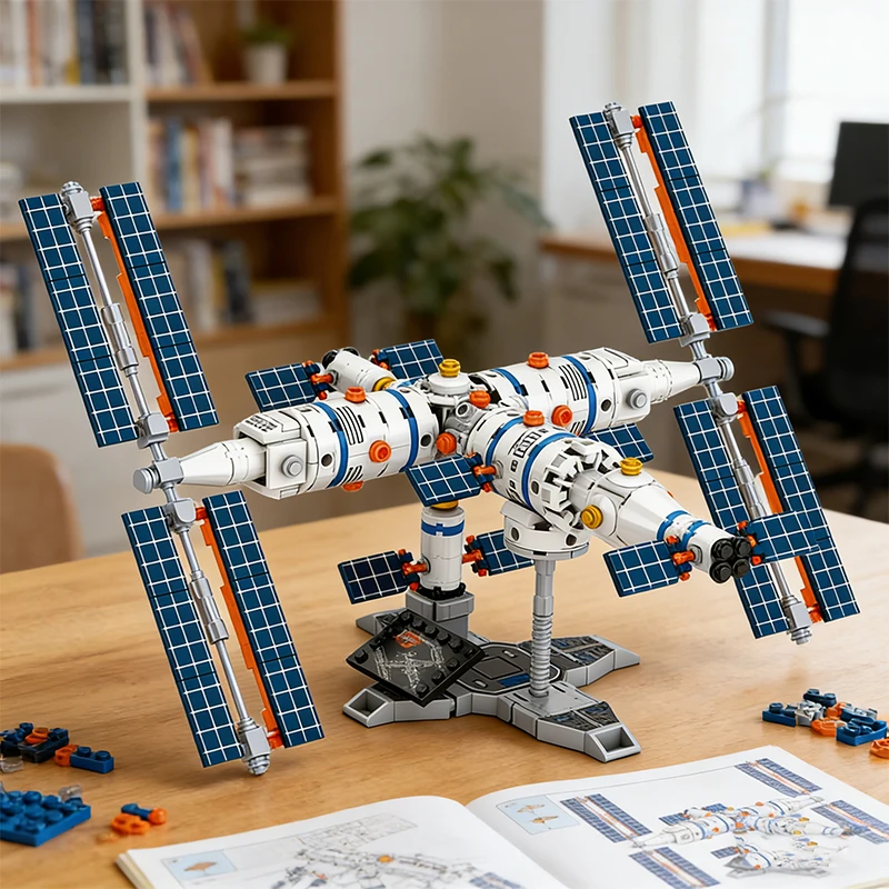 Stazione spaziale Building Blocks Architettura cittadina Mattoni Razzo aerospaziale Giocattoli fai da te Decorazioni da tavolo Regali di Natale per bambini Bambini