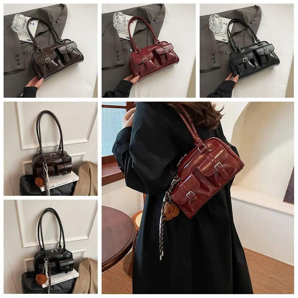 

Simple Korean Style PU Bowling Bag Handbag Minority Design Pocket Boston Tote Bag French Style Solid Color Underarm Bag Outdoor