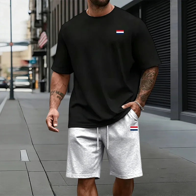 

Summer Daily Casual Sports Short Sleeve Outfit Urban Fashion Tshirts Streetwear Paris Flag Printed T-shirts and Shorts Men's Set