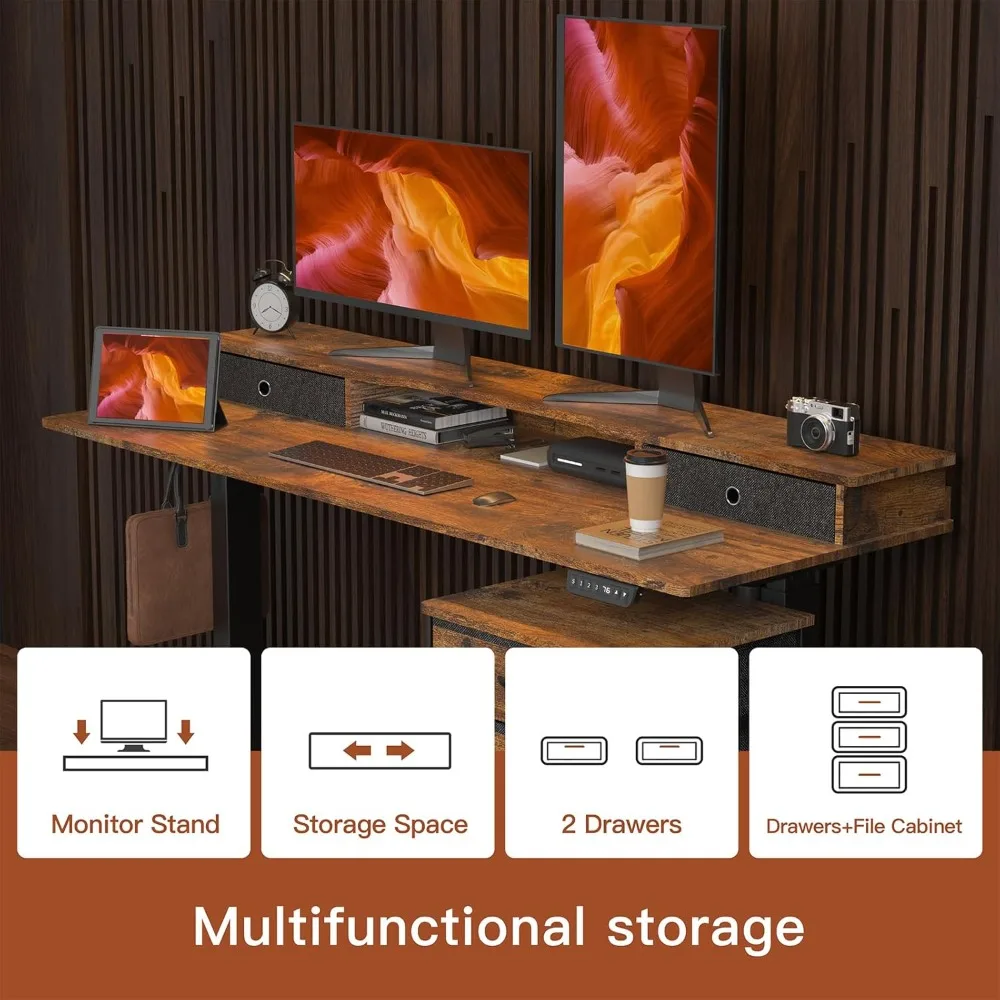 63 Inch Electric Standing Desk with Cabinet & Drawers, Height Adjustable Sit Stand Desk with Monitor Shelf, Smart Home Office St