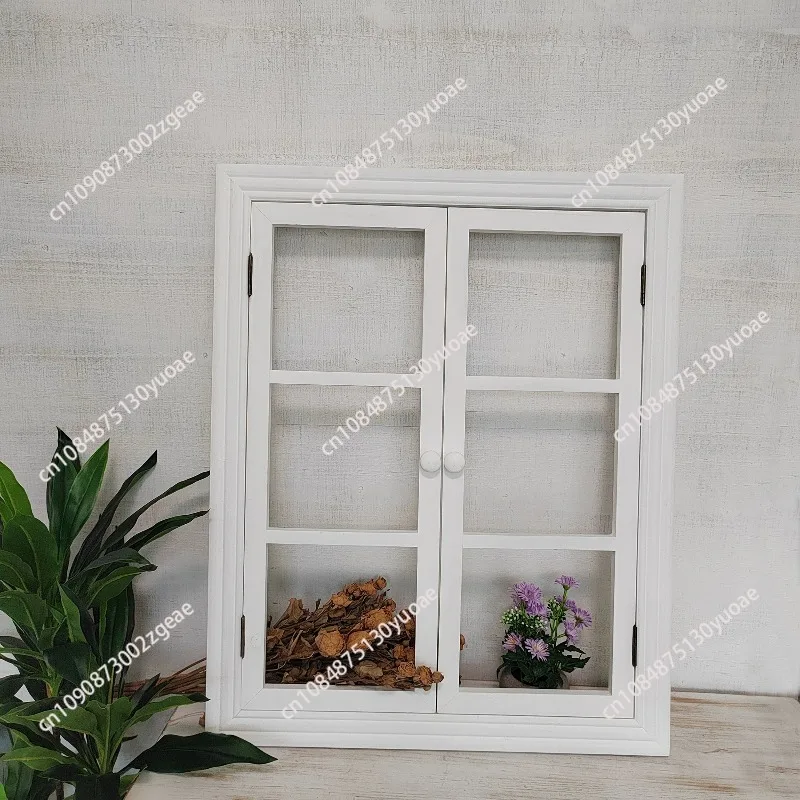 Retro window frame, white double door with mirror, 6 grid decorative wall art