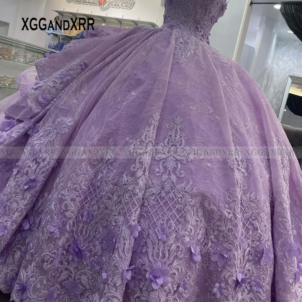 Lavender Quinceanera Dress 2022 Sweet 16 Ruffle Layers Train Birthday Prom Party Gown Lace Applique Flower Beaded Graduation 7th