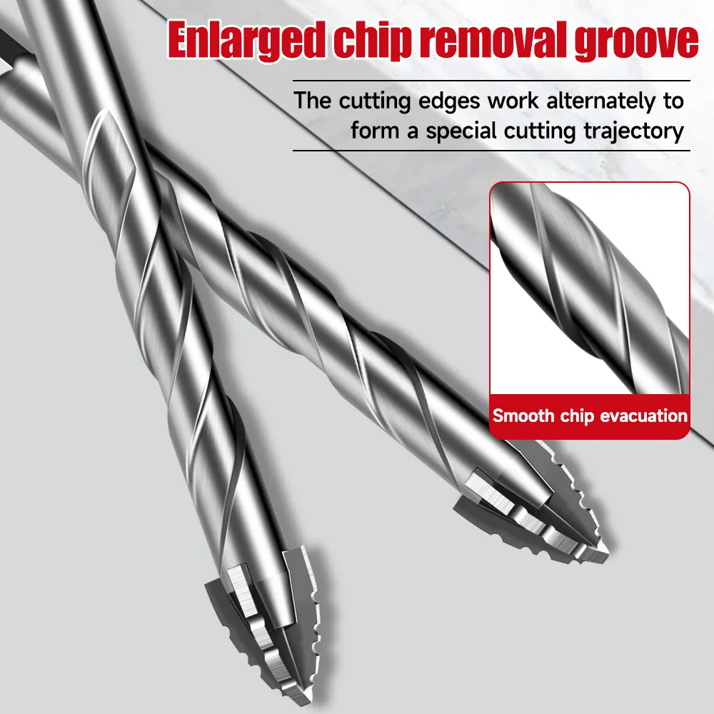 Gezahnter vierflötiger Exzenterbohrer, hochwertige Unterstützung für lange Arbeitsstunden für Glaskeramikfliesen, Hartlegierung, Sechskantschaft