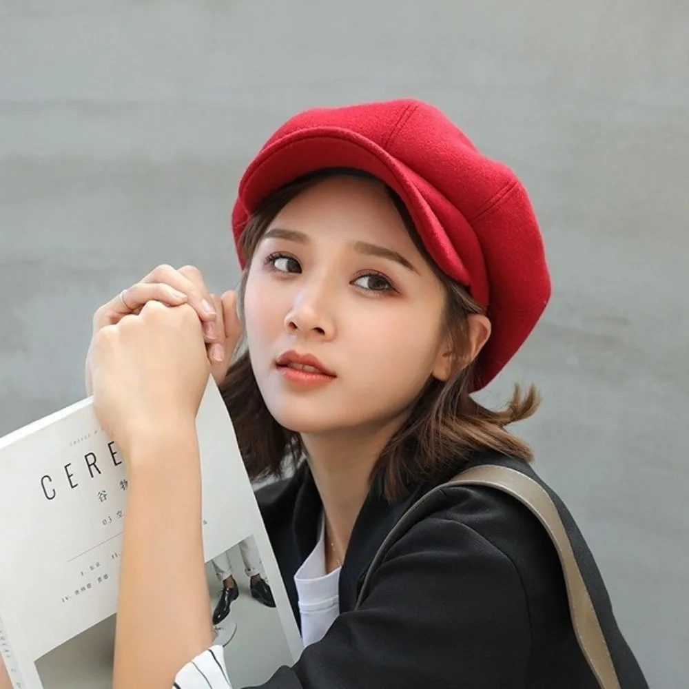 Vintage effen kleur wollen achthoekige hoed oorbescherming dikke schilderspetten Koreaanse stijl warm houden Britse baretten reizen