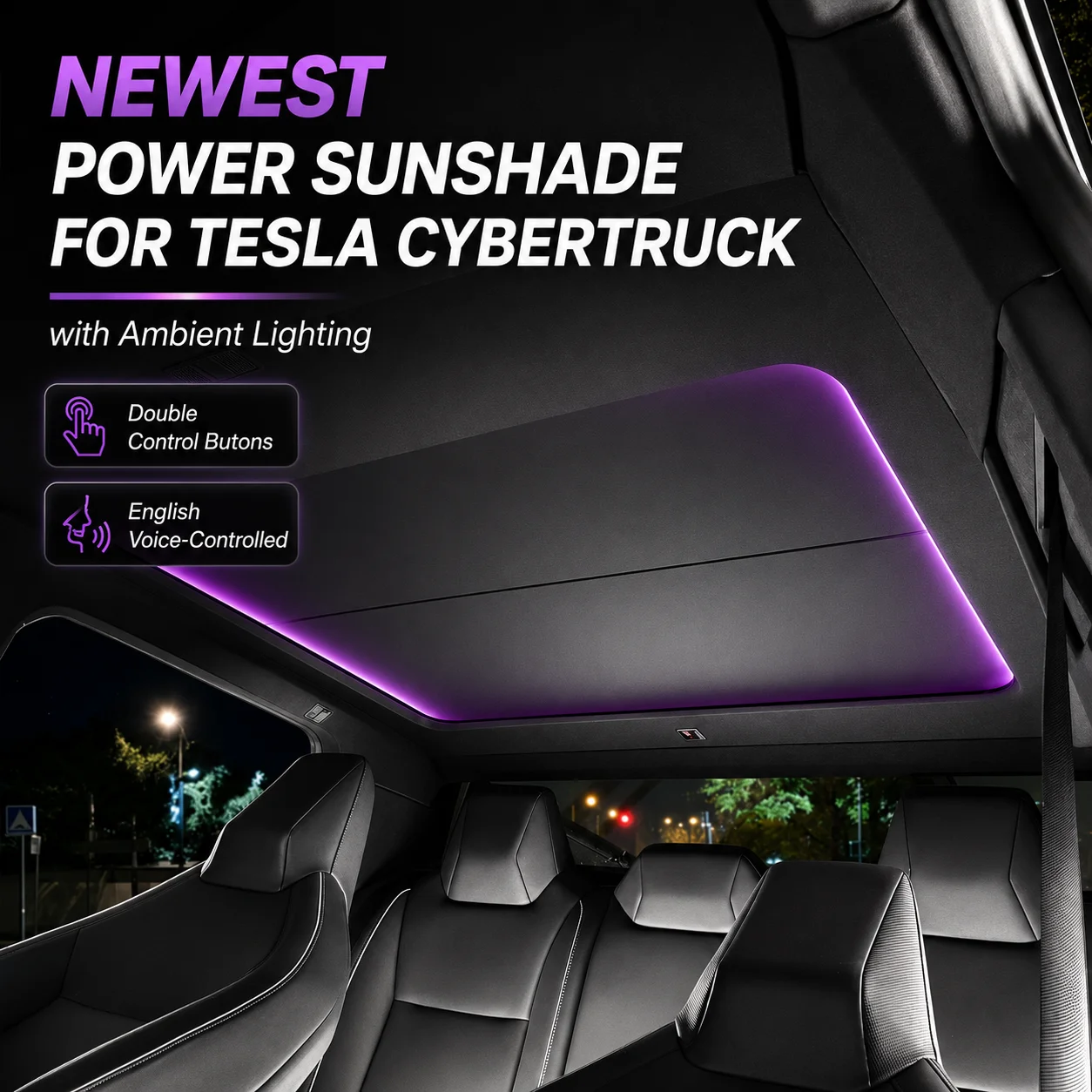 for Tesla Cybertruck 2024+ Power Roof Sunshade Voice Control RGB Ambient Light UV Protection Electric Sunroof Blind Dual Button