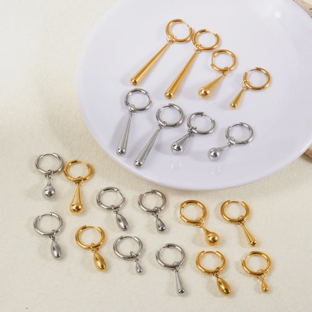 1 Pair Retro Punk Stainless Steel Long Water Droplet Earring Different Size For Women French Golden/Steel Color Earrings Gift