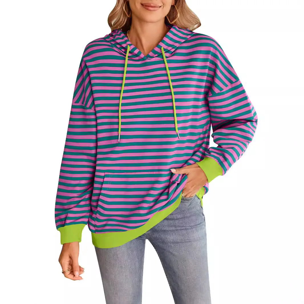 

2025 Spring Womens Oversized Hoodies Pullover Striped Sweatshirts Fall Long Sleeve Tops Trendy Outfits