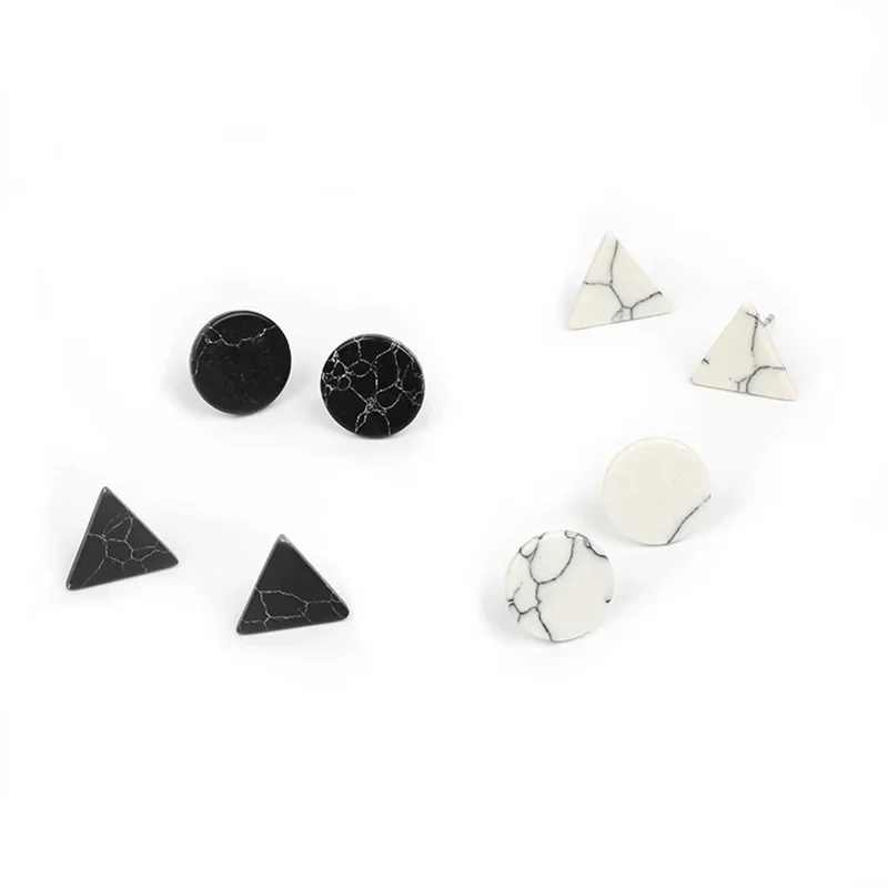 Small Marble Stud Earrings for Women Simple Cute Black and White Geometric Earrings Brincos Round Triangle Fashion Jewelry