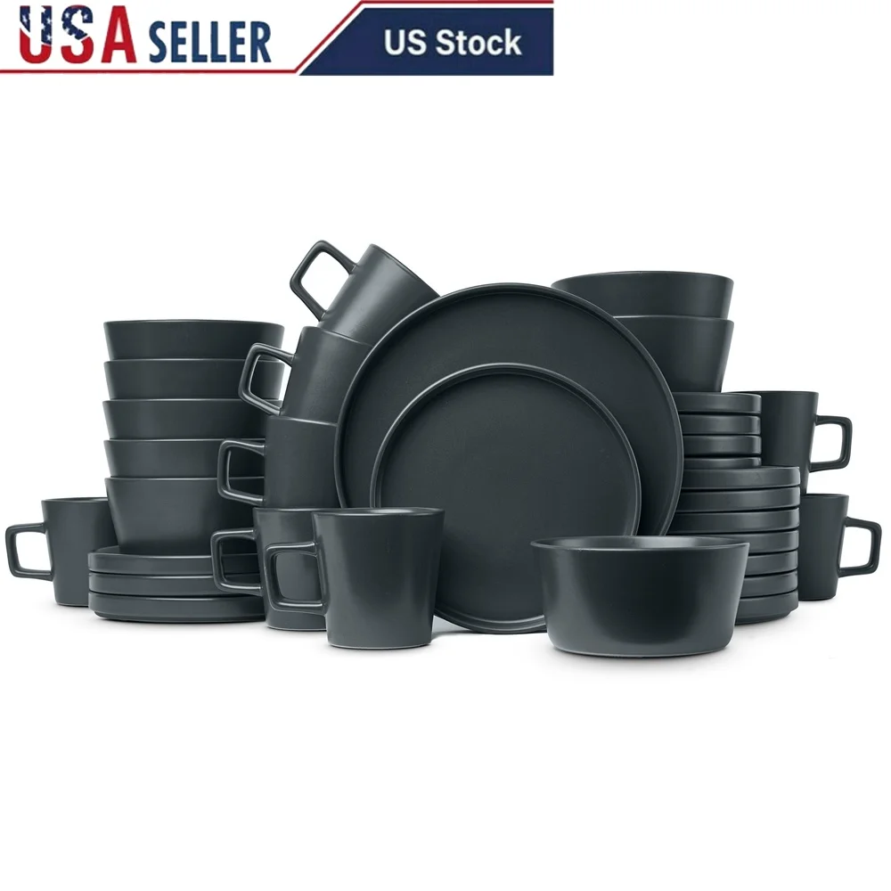 

32-Piece Stoneware Dinnerware Set Service 8 Dishwasher Microwave Safe Gray Matte Plates Bowls Mugs Home Essentials