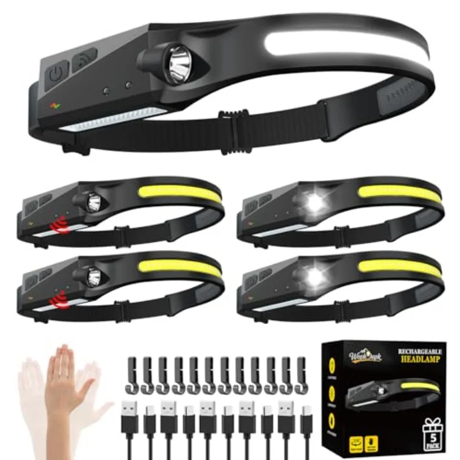 

Rechargeable Headlamp 5PCS, 230° Wide Beam Head Lamp, Motion Sensor LED Headlamp Flashlight, 5Mode Headlamps for Adults, Bright