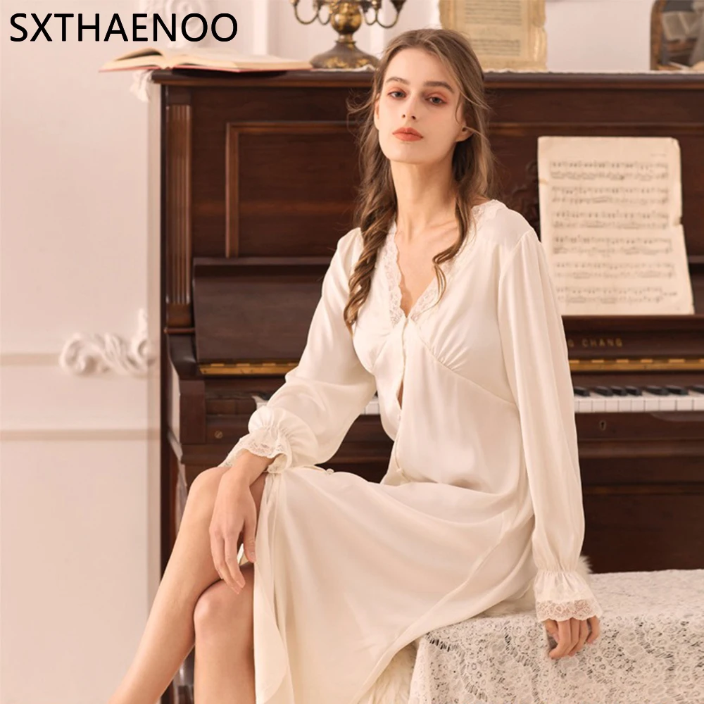 

SXTHAENOO Woman Autumn Vintage Sweet Pajamas Lace Cuff Sleepdress Soft Comfortable Loungewear Homedress Elegant Long Nightgown