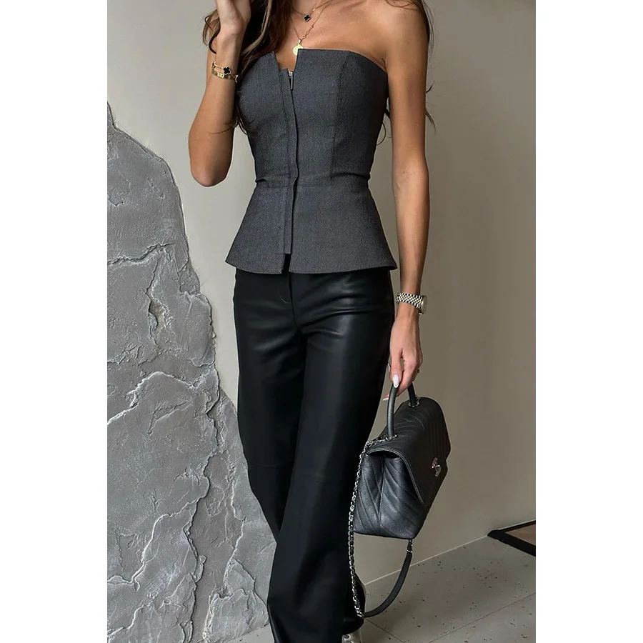 Women's Fashion Elegant Casual One Neck Top Casual Sexy Plunge New One Neck Slim Top INS Fashion Multicolor Zipper Plunge