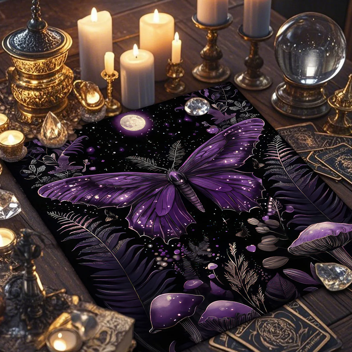 Mystical Purple Butterfly Tarot Tablecloth Altar Cloth Moonlight Mushrooms & Plants Witchcraft Astrology Tarot Cloth Altar Decor