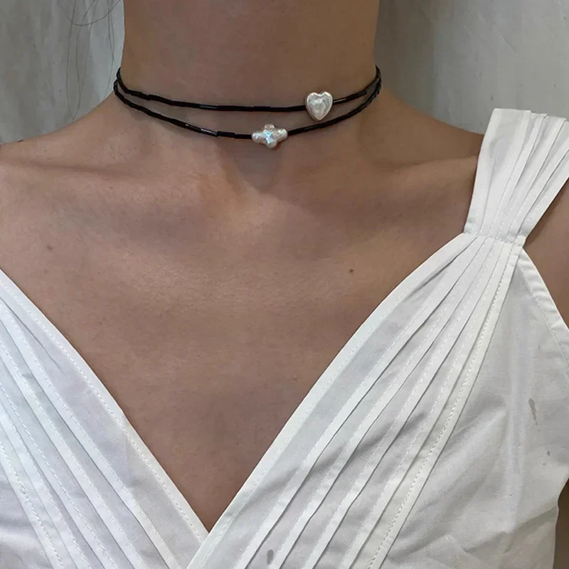 Natuurlijke Zwarte Agaat Ronde Buis Kralen Ketting Voor Vrouwen Harten Diamanten Kruisen Zoet Water Barok Parel Choker Op De Hals