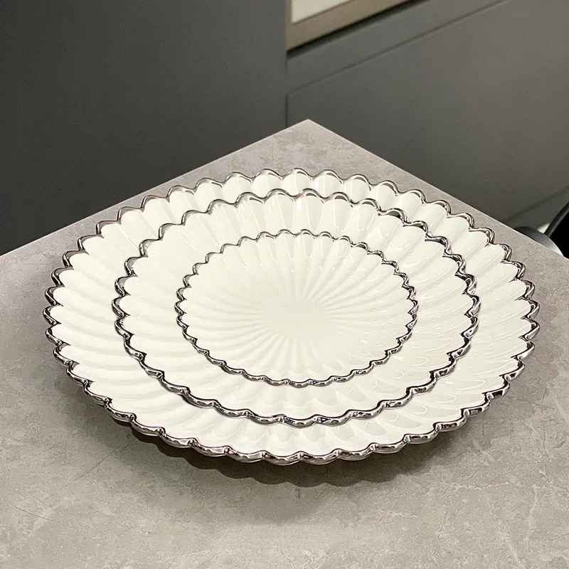 Light Luxury High-end Ceramic Dish 6/8/10in Plating Silver Flower Edge Round Restaurant Plate Square Afternoon Tea Dessert Plate