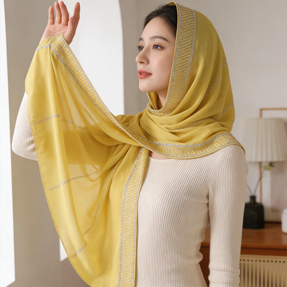 

Высококачественный шифоновый длинный шарф с жемчугом и стразами, женский мусульманский хиджаб, шаль, тюрбан, исламский головной убор, бандана, фулярд, платок