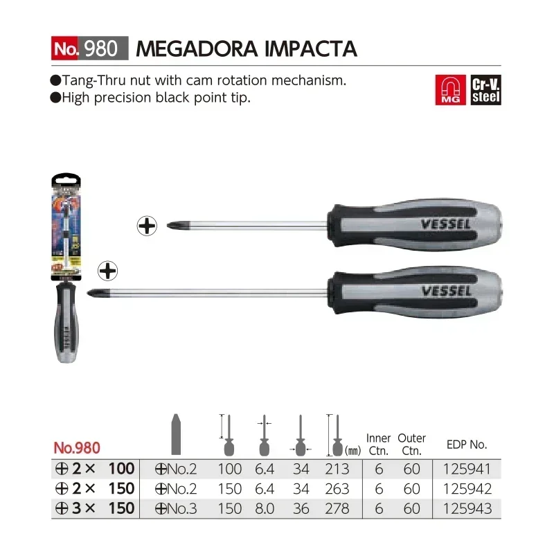 Janpan Vessel Screwdriver MEGADORA IMPACTA Hand Tools Impact Screwdriver No.980 3-150/2-150/2-100 Electro - tools