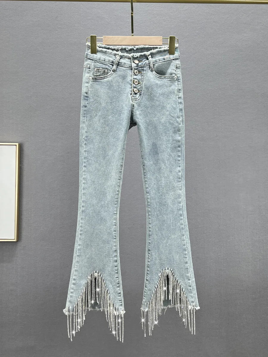 

Tassel Trim High Waist Slim Fit Diamond Embellished Spring Summer Women's Denim Jeans Flared Pants Cotton Stretch Fabric