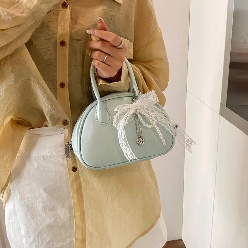 

Sweet Bowling Shoulder Bag PU Leather with Pearl Pendant Boston Crossbody Bag Solid Color Korean Style Pillow Handbag Shopping