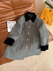 Elegant black and white diagonal mid length jacket college style color block collar gold single breasted women's fashion coat