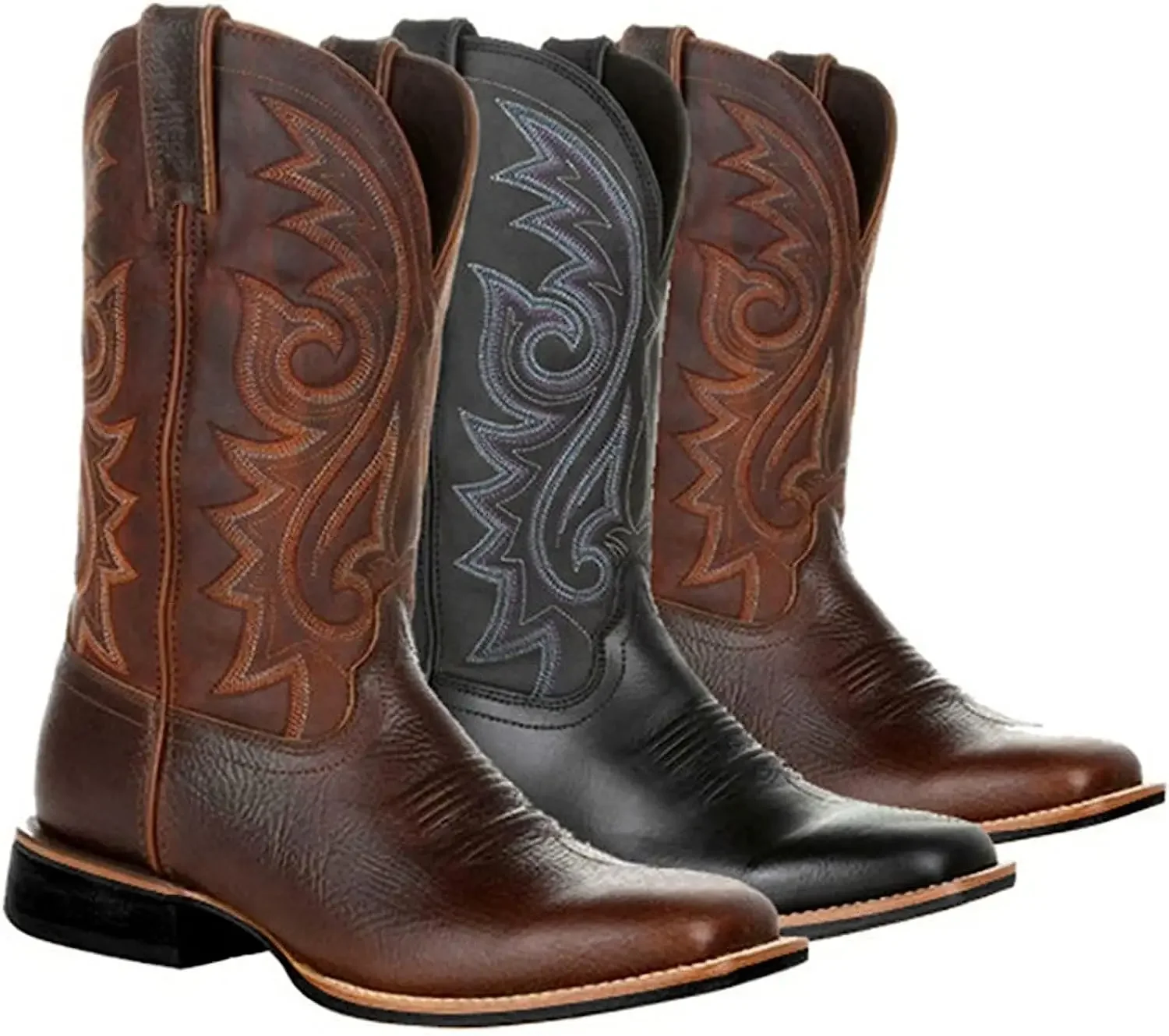 Cowboy Boots for Men,Leather Retro Embroidered Middle Tube Thick Soled Lightweight Durable Country Western Boots for Men