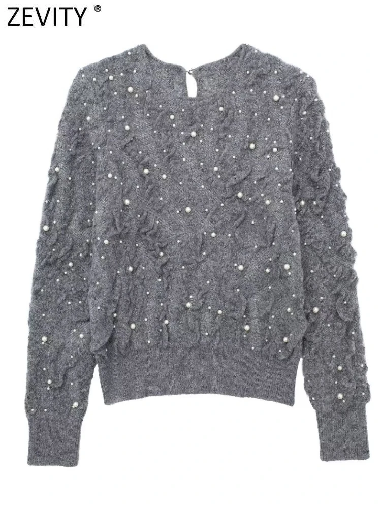 

Beading Texture Knitting Sweater Female Pullovers Chic Coat Tops 2024 New Women Fashion O Neck Long Sleeve Pearls