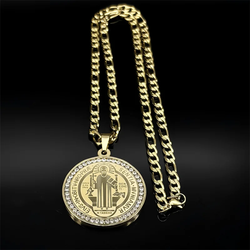 Hip Hop Crystals Saint Benedict Medallion Pendant Necklace Men Stainless Steel Gold Color Necklaces Jewelry San Benito Collares