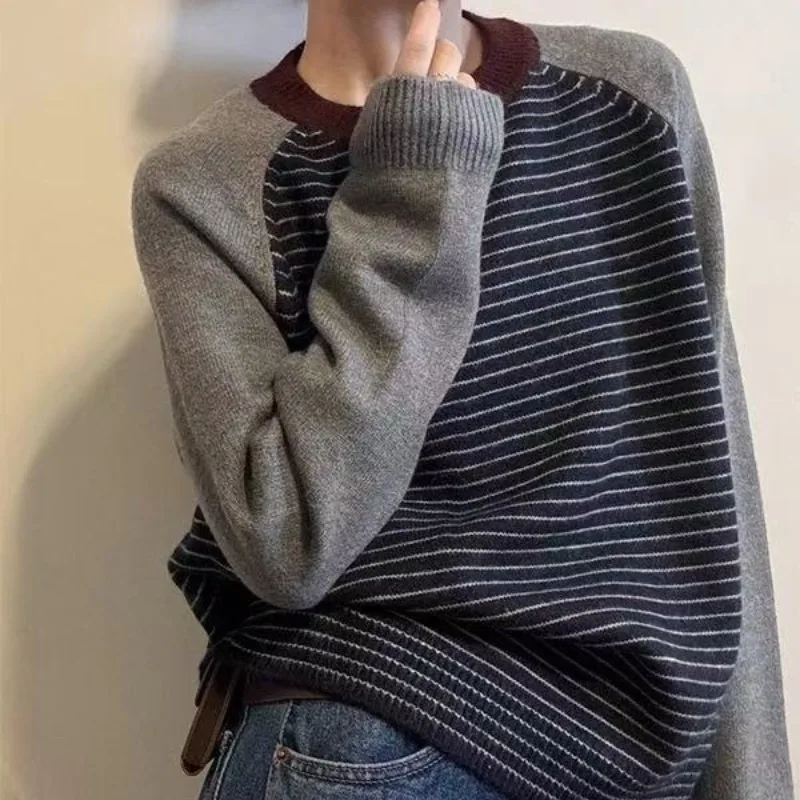 Prendas De punto, nuevo suéter De punto a rayas De manga larga, jerséis para Mujer, suéter De punto con cuello redondo, Jersey, Tops para Mujer, Sueters De Mujer Q2052